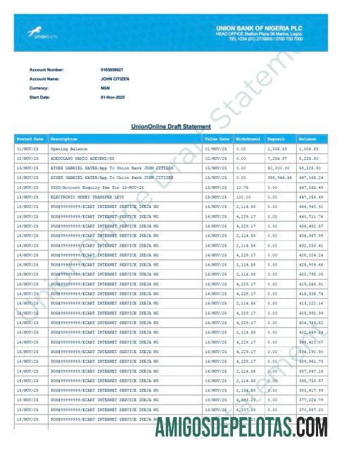 Extrato de conta do Nigeria Union Bank Of Nigeria para impressão, modelo Word e PDF